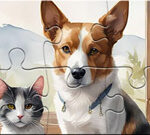 Jigsaw Puzzle: Pictură în ulei Câine și pisică